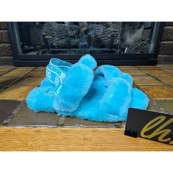 Youth 4 Ugg Australia Oh Yeah Light Blue Fluffy Soft Slippers 1115752K - Picture 1 of 8